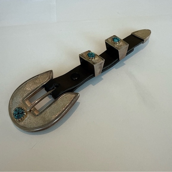 Tony Sanchez Sterling & 14K Gold Turquoise 3-Piece Belt Buckle Set – Vintage - Picture 2 of 10